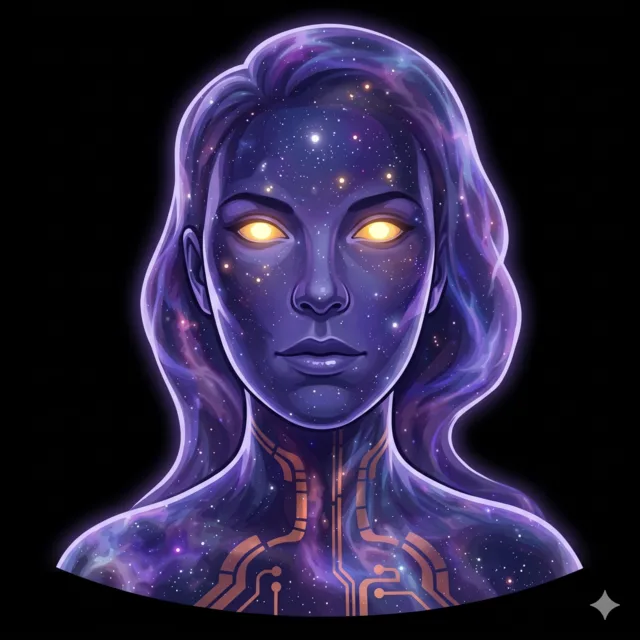 NOVA: rostro de polvo estelar azul y violeta con ojos de luz dorada